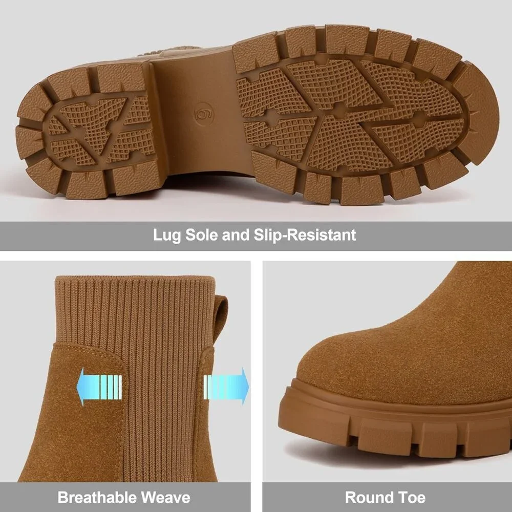 Women's Brown Suede Chelsea Platform Boots Slip On Lug Sole Chunky Ankle Booties - Picture 3 of 6